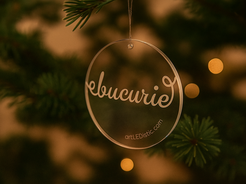 Glob din plexiglas gravat „Bucurie” – decor elegant pentru bradul de Crăciun